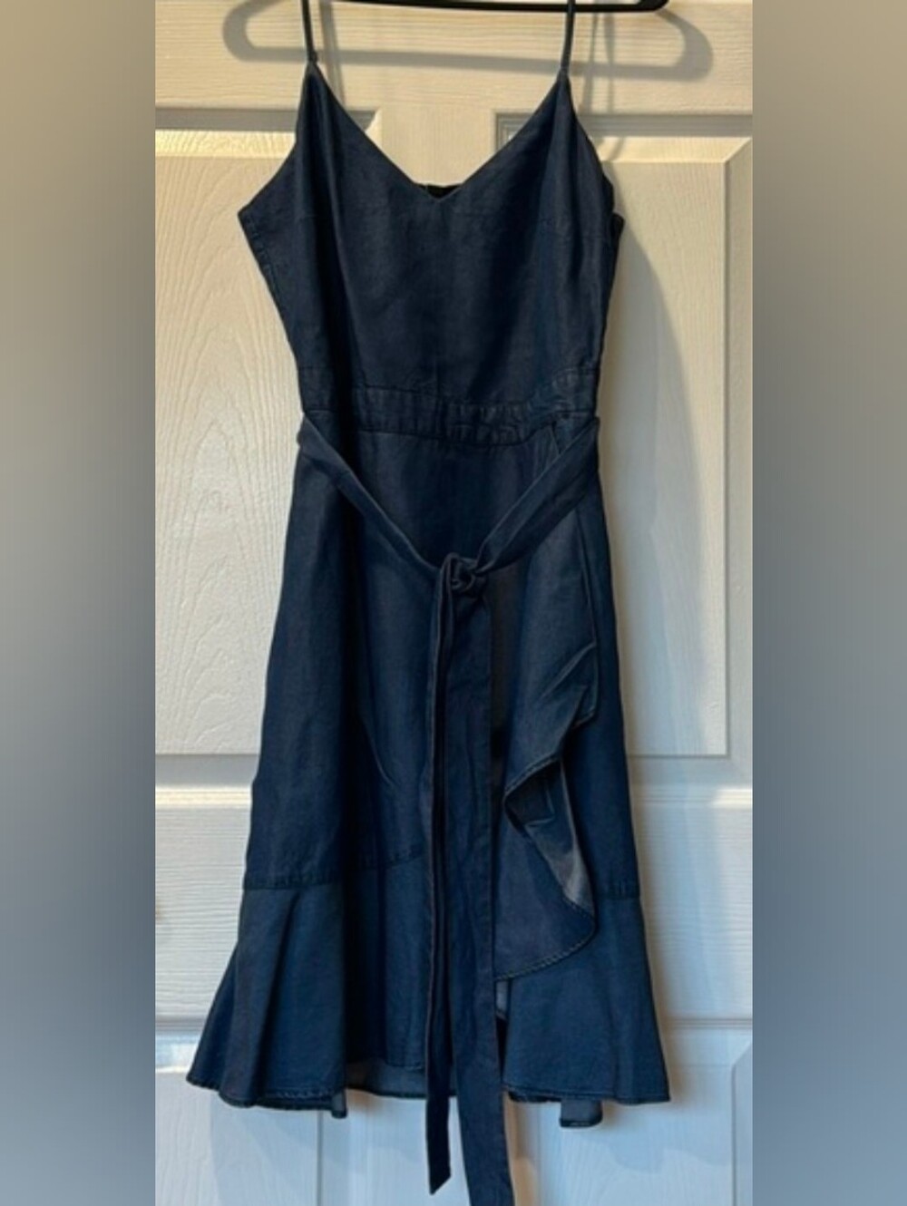 Navy Blue Spaghetti Strap Midi Dress with Waist Tie - Size 6